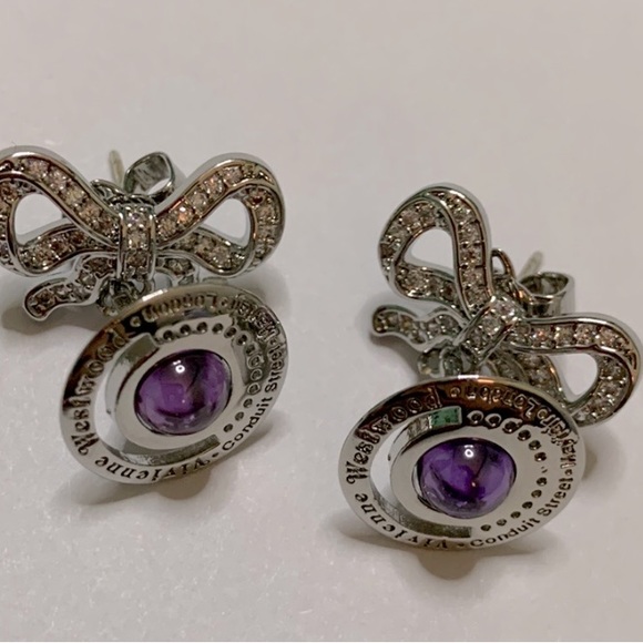 silver tone signature Orb Drop of crystal Bow small earrings - Picture 4 of 10